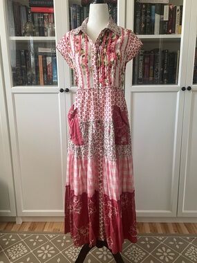 April Cornell Pink Patchwork Tiered Maxi Dress